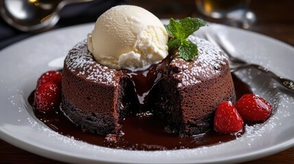 Classic chocolate lava cake with a molten center and a scoop of vanilla ice cream