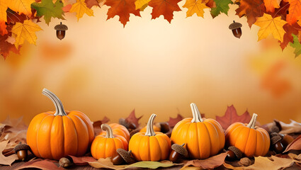 autumn backround concept fetuting Harvest pumpkins surrounded by autumn leaves and acorns on a rustic wooden table.