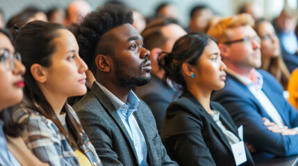 Diverse business professionals engaged in a seminar debate