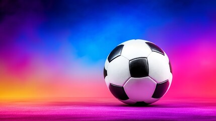 Naklejka premium A soccer ball is sitting on a field with a colorful background. The ball is white and black, and it is the center of attention in the image. The colorful background suggests a lively