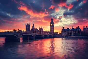 Naklejka premium Dramatic sunset over iconic landmark with bridge reflecting vibrant sky.