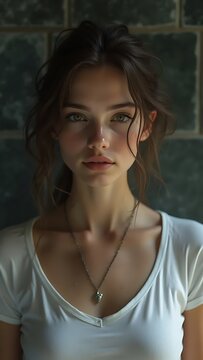 portrait of a woman wearing a white shirt looking at the camera with a charming looks
