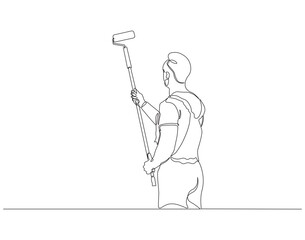 Continuous one line drawing of young handyman holding paint roller. One line drawing illustration of painter wall renovation. Contruction project, Renovation concept vector design. Editable outline