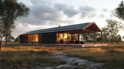 Obraz premium Modern house with stone walls and solar panels on the roof in a field with trees in the background.