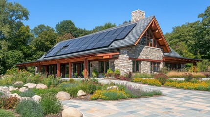 Fototapeta premium A modern stone and wood house with solar panels on the roof, surrounded by a landscaped garden with a stone walkway.