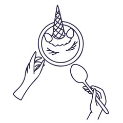 Hand keep spoon and bowl with smoothie with unicorn ice cream strawberry ears line style. Hand drawn