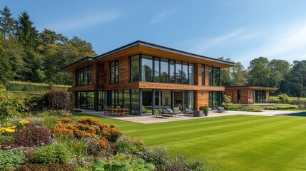 Obraz premium Modern wooden house with a large glass facade and a beautiful garden with a lawn and flowers.