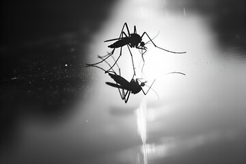 Silhouette of mosquito reflected in water

