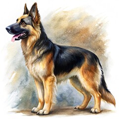 Young Fluffy German Shepherd Dog in exhibition standing against a white background. Two-Year-Old Pet. Purebred dog in the rack.