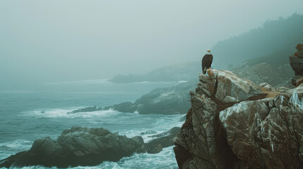 A dramatic photograph of a bald eagle perched on a rocky cliff, ocean waves crashing in the background, misty atmosphere