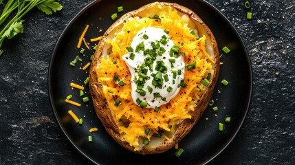 Overhead shot of a loaded baked potato with sour cream, cheese, and chives