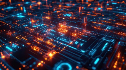 Obraz premium Overhead shot of a modern digital grid with glowing tech symbols and data streams