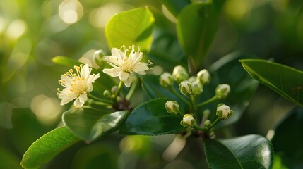 Fototapeta premium Clove on the tree with blooming flowers and fresh green