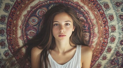 Fototapeta premium Young woman with long dark hair looking at the camera lying on a patterned carpet.