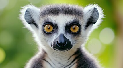 A baby lemur with yellow eyes stares at the camera. The image has a playful and curious mood, as the lemur seems to be looking directly at the viewer