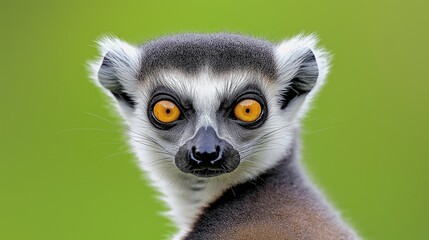 Obraz premium A baby lemur with yellow eyes stares at the camera. The animal has a black nose and a white face