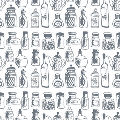 Seamless print pattern with jars and bottles with different food kitchen wallpaper background for textile, paper	
