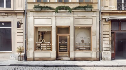 charming small boutique vitrine, charming old European village storefront façade