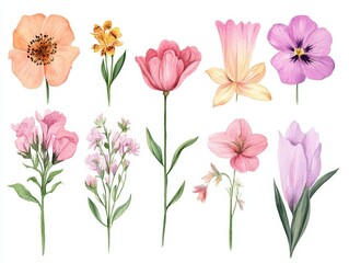 set of hand drawn watercolor flowers soft pastel color