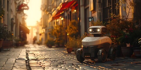 3D Illustration of a White Robot on a Cobblestone Street