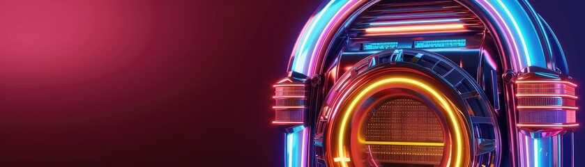 Retro neon jukebox with vibrant colors against a dark background, perfect for nostalgic and vintage themes in music and entertainment.