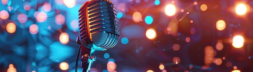 Vintage microphone with bokeh lights in the background, capturing the essence of live music, performance, and stage presence.