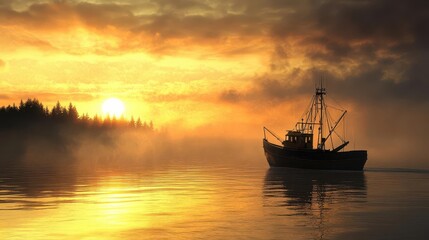 Fototapeta premium The maritime morning comes alive as a fishing boat sails out at sunrise, the start of a new day on the water