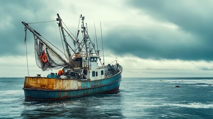 Fototapeta premium A fishing boat, loaded with commercial fishing gear, is ready to head out to sea, the crew preparing for a productive day