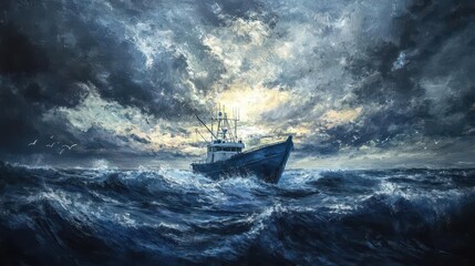 Naklejka premium A fishing vessel is the focal point of a dynamic seascape, where the ocean meets the sky in a seamless horizon