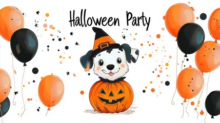 Fototapeta premium Adorable Cartoon Dog in Pumpkin Costume with Jack-o'-lantern Hat at Halloween Party with Balloons - Perfect for Kids' Halloween Invites, Party Decor & Festive Celebrations - Stock Image