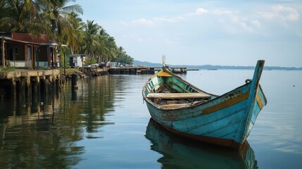 Obraz premium A traditional fishing boat is moored at the dock, its design a nod to a long maritime heritage