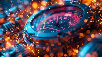 A close-up view of a speedometer illuminated against a vibrant, glowing background.