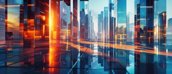 Obraz premium Futuristic cityscape with reflective glass skyscrapers and vibrant sunset lighting, showcasing modern architecture and urban design.