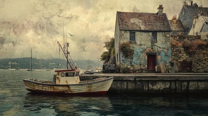 Obraz premium A fishing boat is moored in a quiet corner of the harbor, away from the hustle, enjoying a moment of solitude