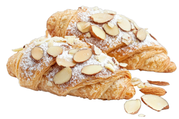 Freshly baked almond croissants topped with powdered sugar, perfect for breakfast or a delightful treat any time of day.