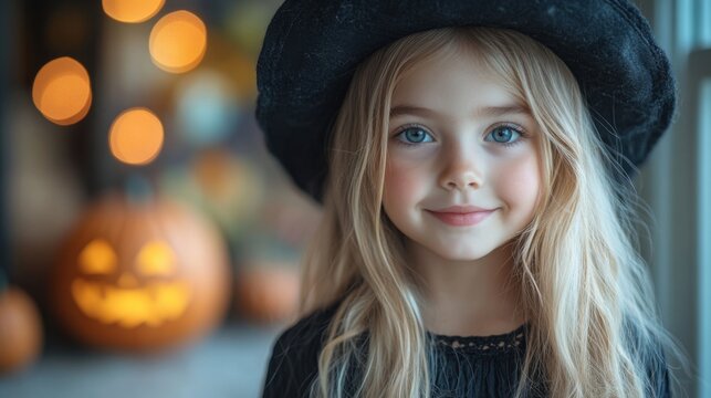 Little girl in Halloween costume goes trick or treating