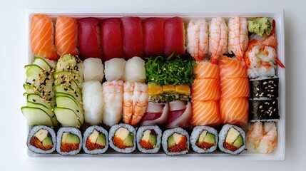 Top view of a fresh sushi platter with various rolls and sashimi