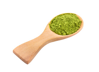 matcha green tea powder in wood spoon on transparent png