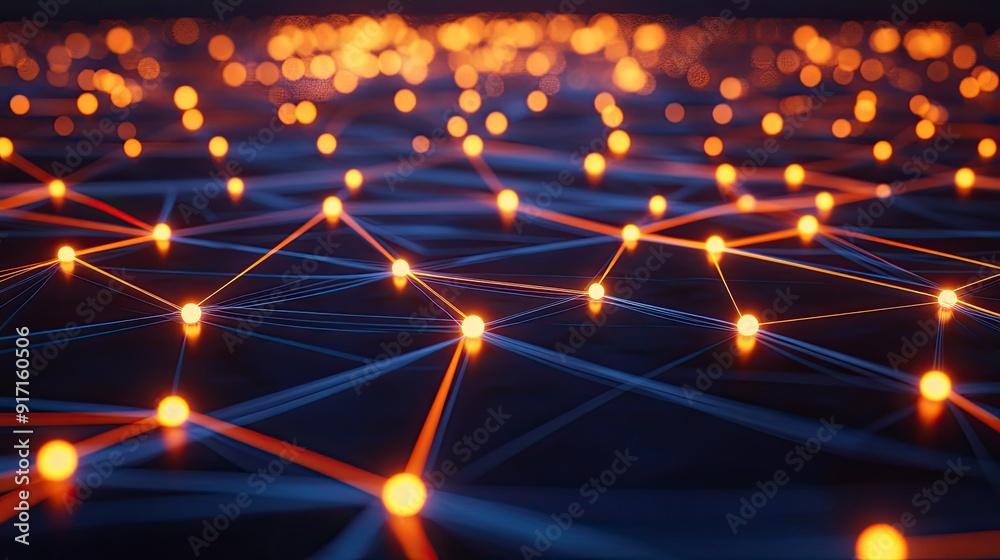 Poster top view of abstract digital network with glowing nodes and connecting lines