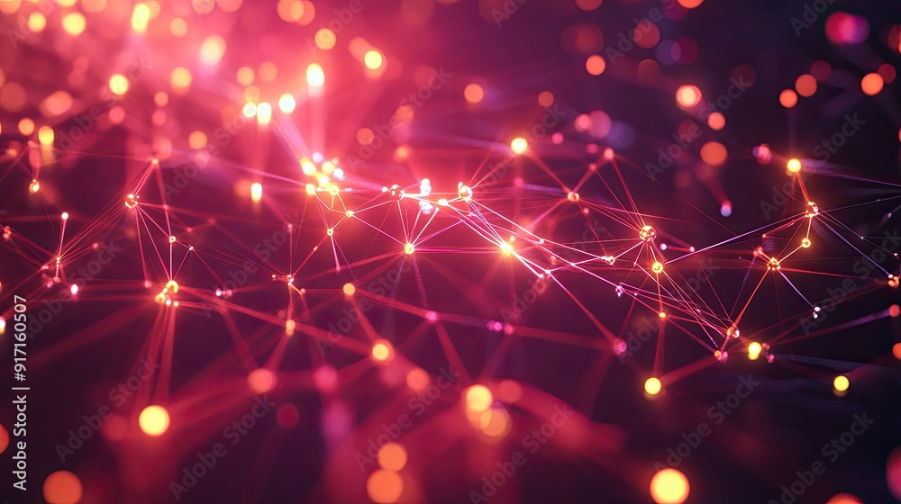 Poster top view of abstract digital network with glowing nodes and connecting lines