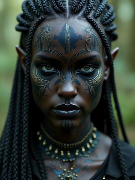 Black elf, tattoo on her face with black hair.Realistic AI generated 
