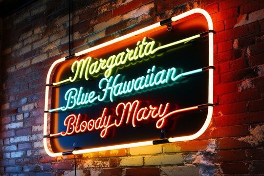 Stylish neon sign with names of cocktails "Margarita, Blue Hawaiian, Bloody Mary" on dark brick wall. AI