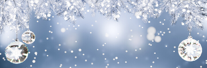 Festive winter scene with snowflakes and sparkling ornaments.Banner 3d rendering