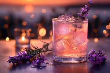 A refreshing lavender cocktail with ice and lavender flowers.