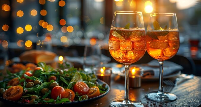 Two glasses of red wine beside a plate of gourmet food .