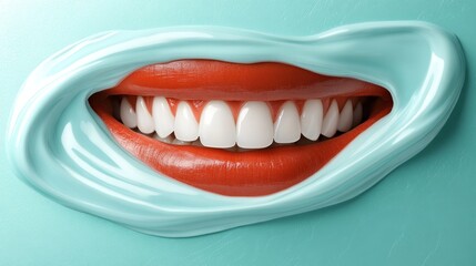 Fototapeta premium Close-up of a smiling mouth with perfect white teeth and red lips against a turquoise background.