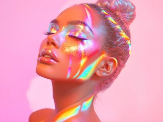 Close-up portrait of a young woman with iridescent makeup and light reflection on her face, looking up, against a pink background.