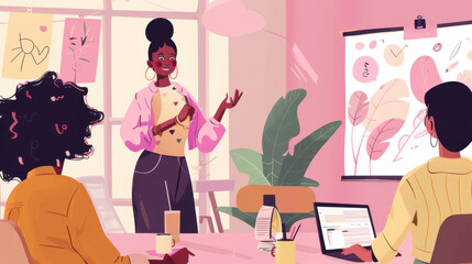 Female leader guiding her creative team at a technology startup