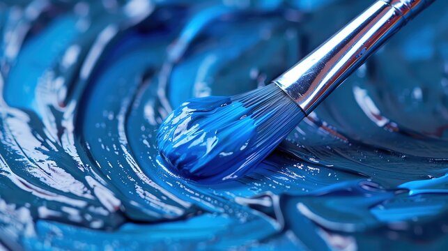 Close-up view of a paintbrush gliding through vibrant blue paint, showcasing texture and color richness for artistic inspiration.