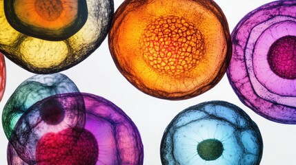 A closeup of vibrant animal cells, each uniquely colored, set against a white background, emphasizing their structure and function.